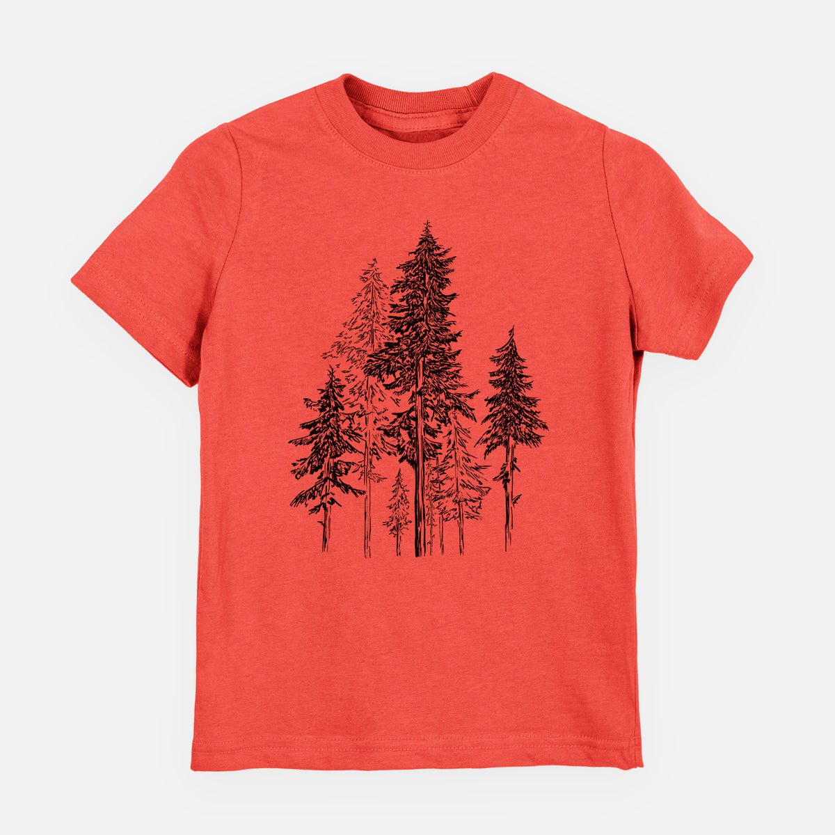 Passionfruit pink youth t-shirt laid flat, printed with a black ink illustration of a forest of tall hemlock trees.