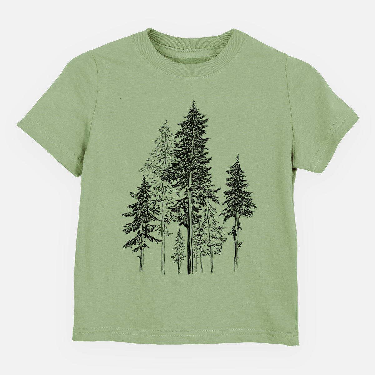 Sage green toddler t-shirt laid flat, printed with a black ink illustration of a forest of tall hemlock trees.