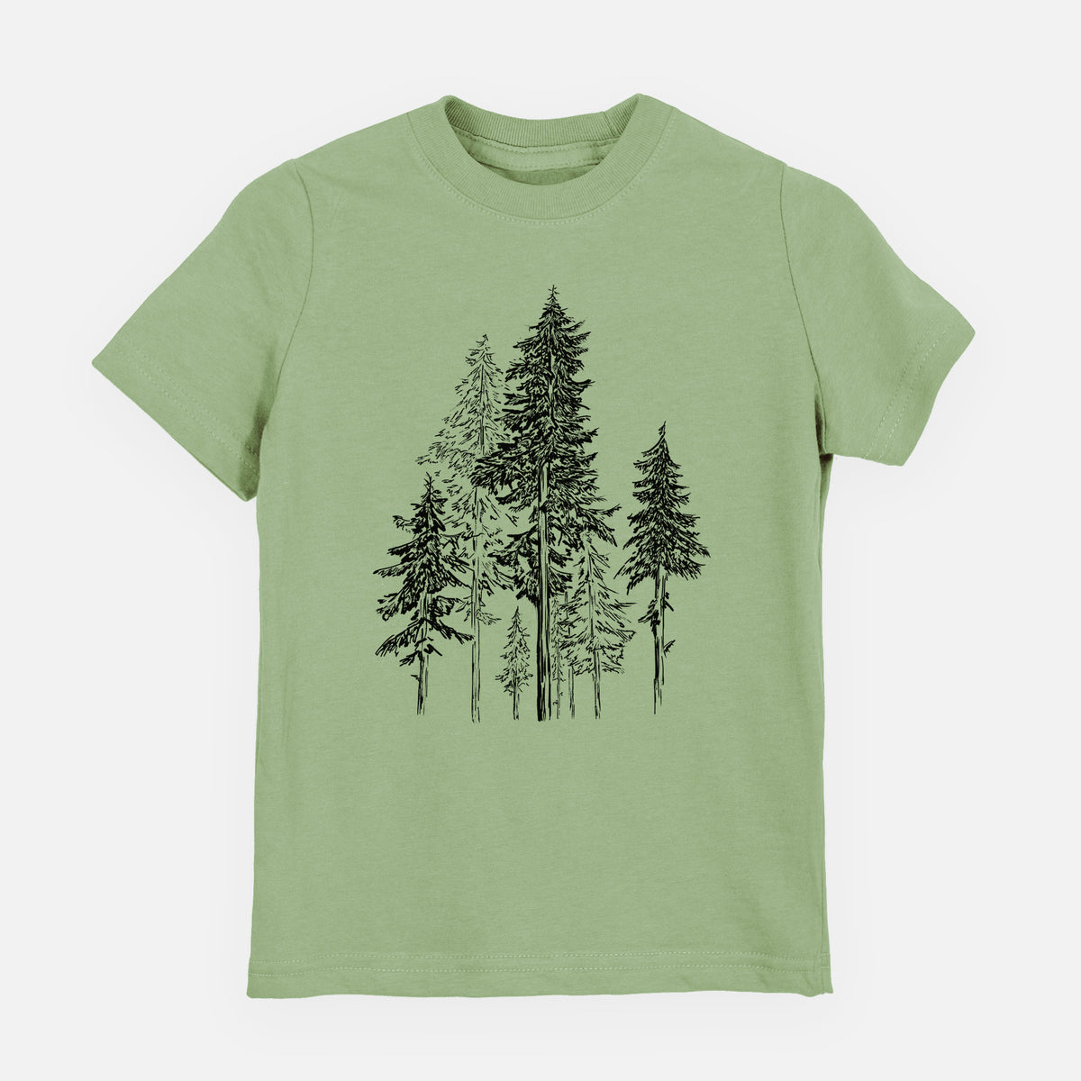 Sage green youth t-shirt laid flat, printed with a black ink illustration of a forest of tall hemlock trees.