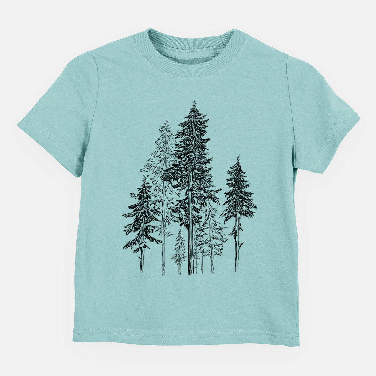 Saltwater toddler t-shirt laid flat, printed with a black ink illustration of a forest of tall hemlock trees.