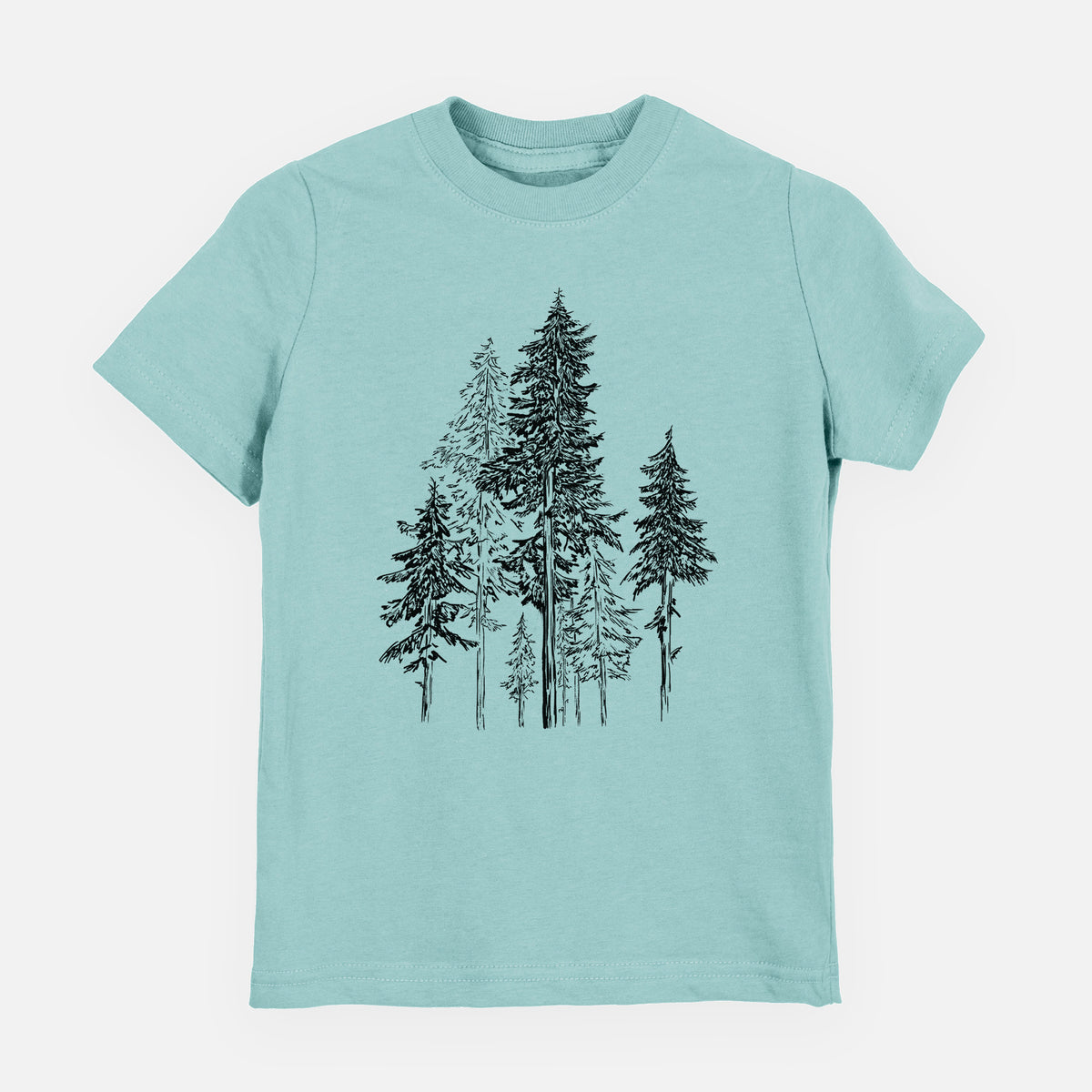 Saltwater youth t-shirt laid flat, printed with a black ink illustration of a forest of tall hemlock trees.