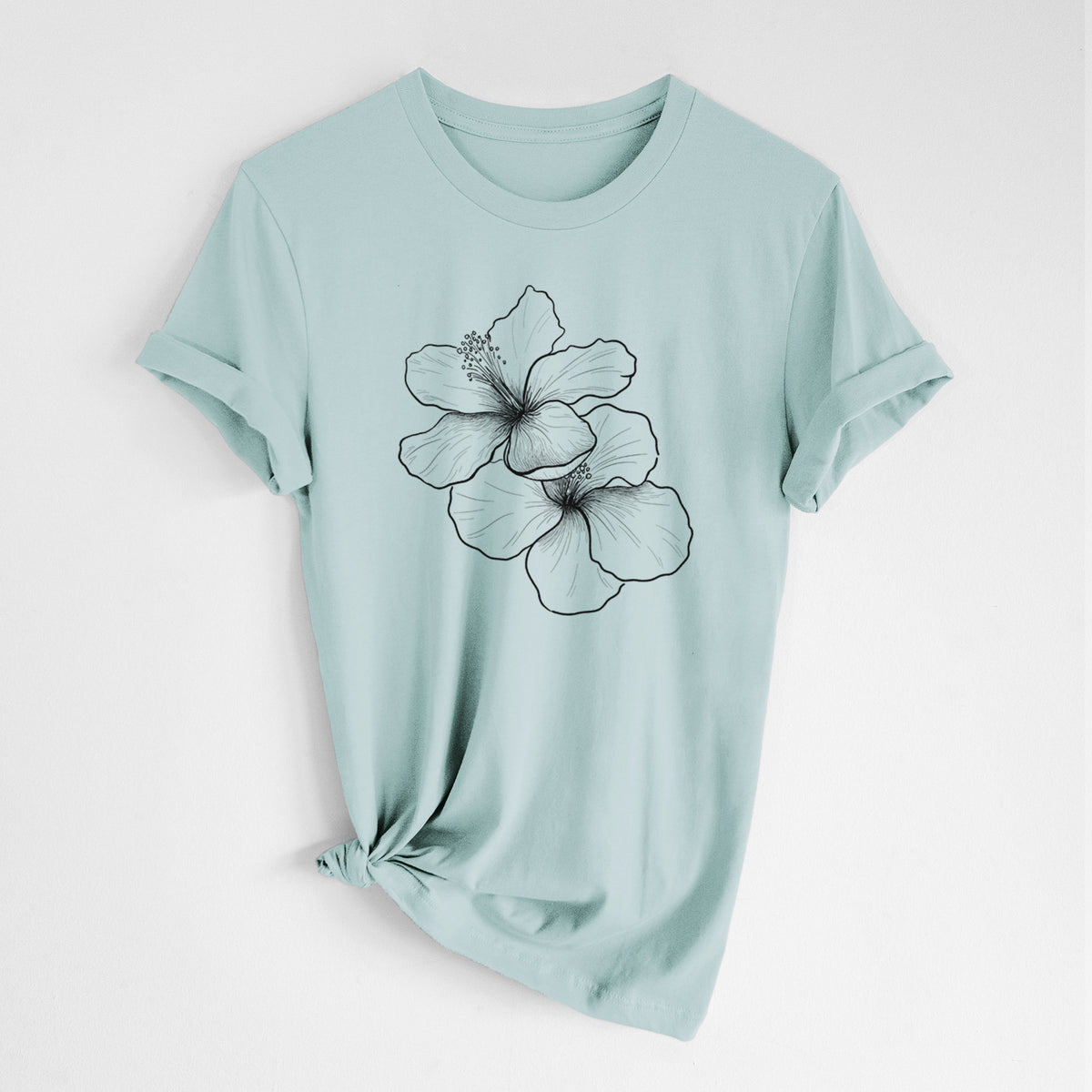 Dusty blue lightweight cotton t-shirt laid flat with the sleeves rolled, printed with a black ink line drawing of three hibiscus flowers.