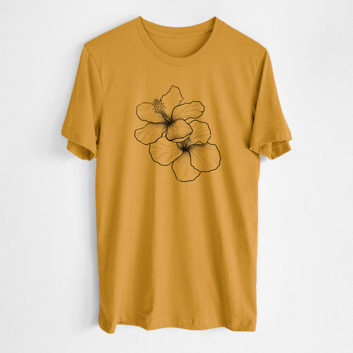 Honeycomb yellow lightweight cotton t-shirt laid flat, printed with a black ink line drawing of three hibiscus flowers.