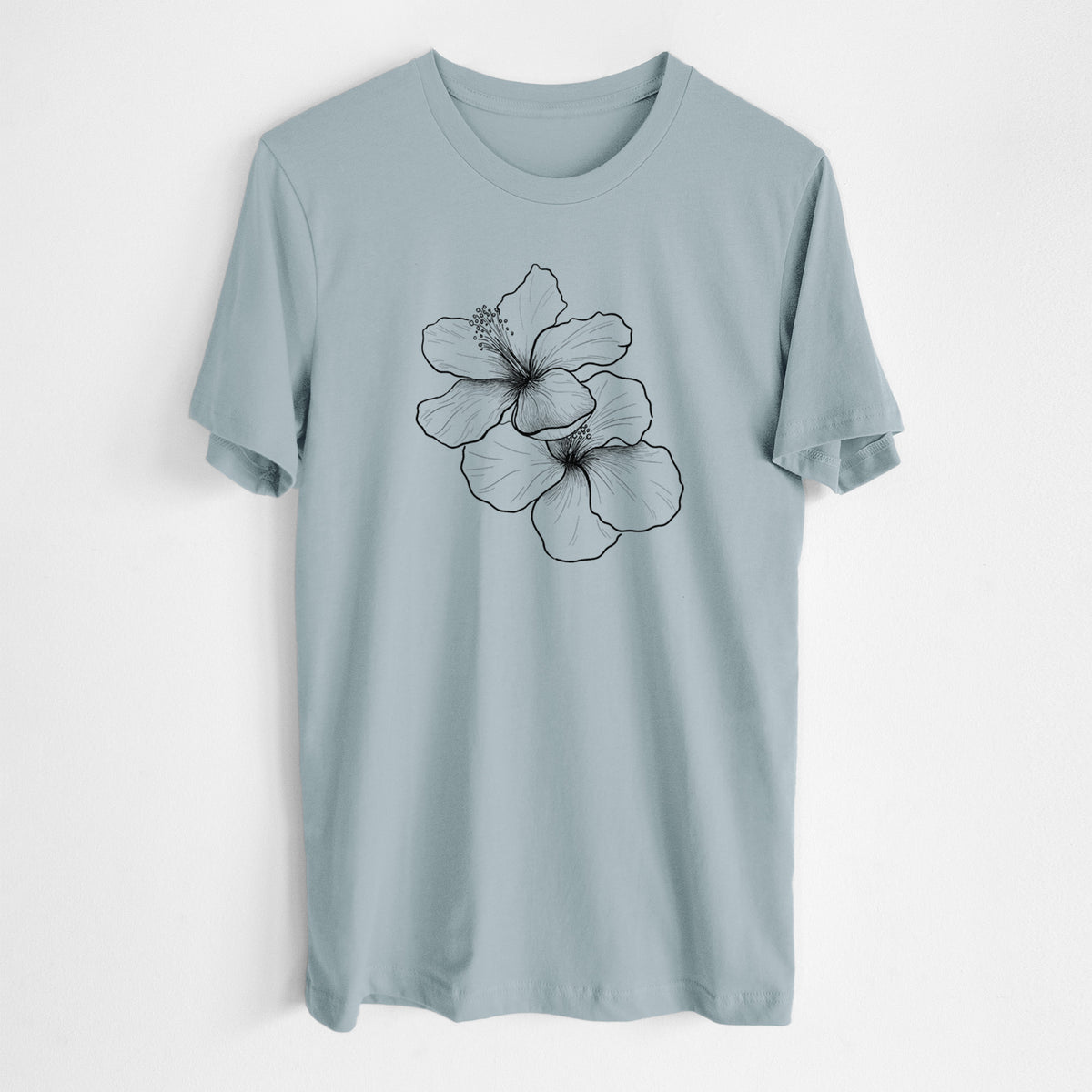 Vintage denim lightweight cotton t-shirt laid flat, printed with a black ink line drawing of three hibiscus flowers.