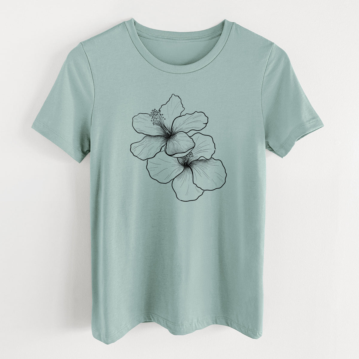 Dusty blue women's relaxed fit cotton t-shirt laid flat, printed with a black ink line drawing of three hibiscus flowers.