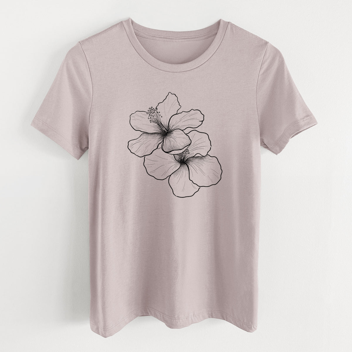 Pink gravel women's relaxed fit cotton t-shirt laid flat, printed with a black ink line drawing of three hibiscus flowers.
