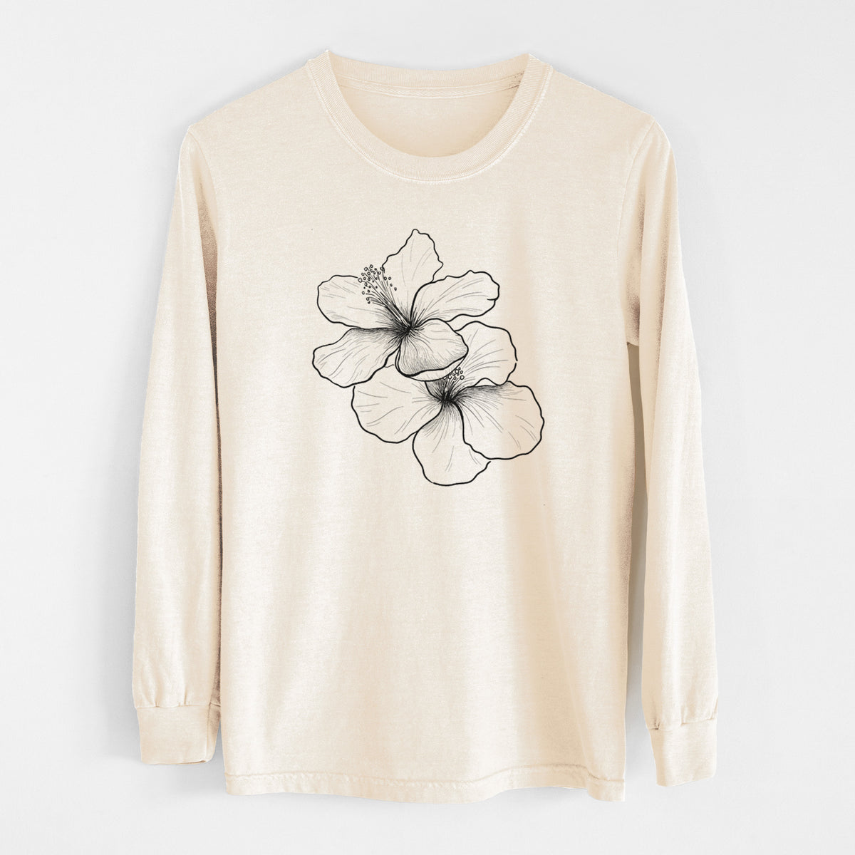 Ivory Comfort Colors long sleeve shirt laid flat, printed with a black ink line drawing of three hibiscus flowers.