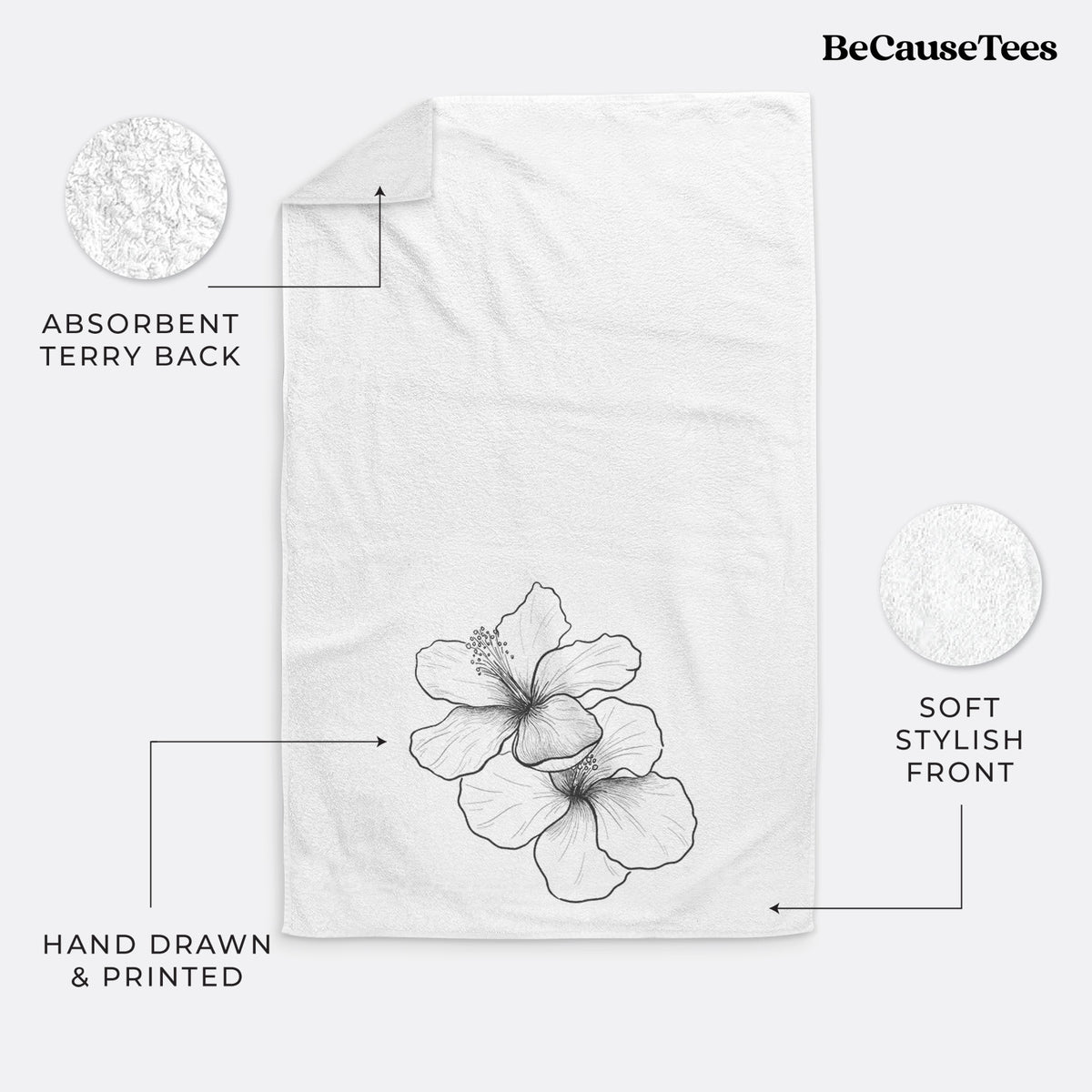White hand towel printed with a black ink line drawing of three hibiscus flowers.