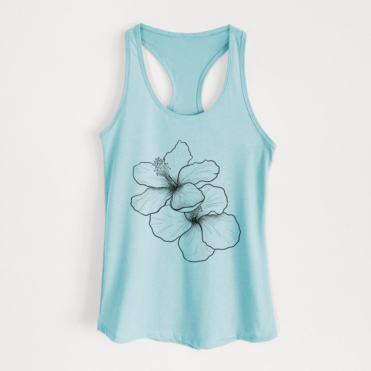 Cancun blue women's racerback tank top laid flat, printed with a black ink line drawing of three hibiscus flowers.
