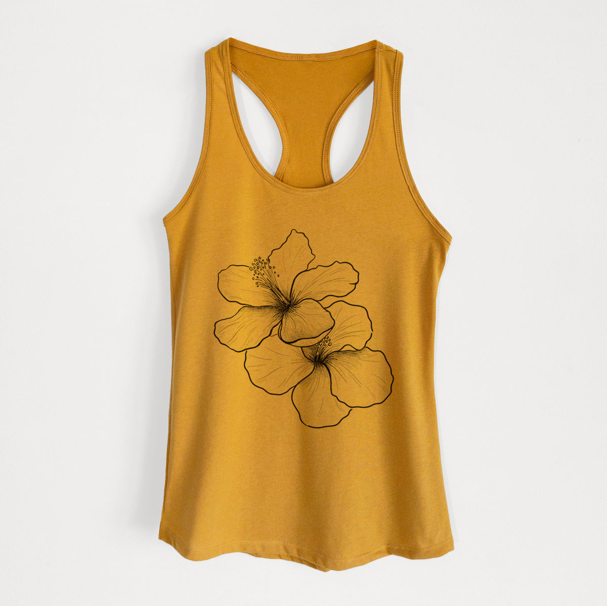 Gold women's racerback tank top laid flat, printed with a black ink line drawing of three hibiscus flowers.