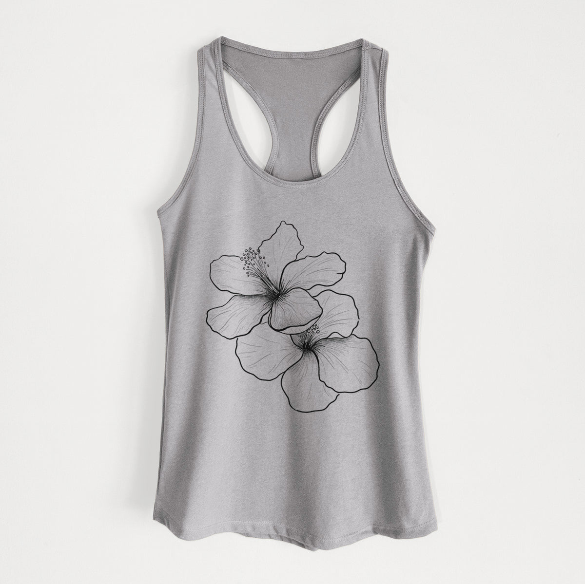 Heather grey women's racerback tank top laid flat, printed with a black ink line drawing of three hibiscus flowers.