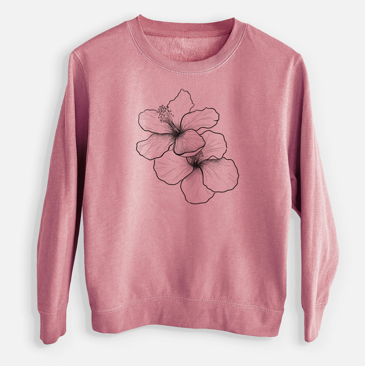 Mauve pink youth crewneck sweatshirt laid flat, printed with a black ink line drawing of three hibiscus flowers.