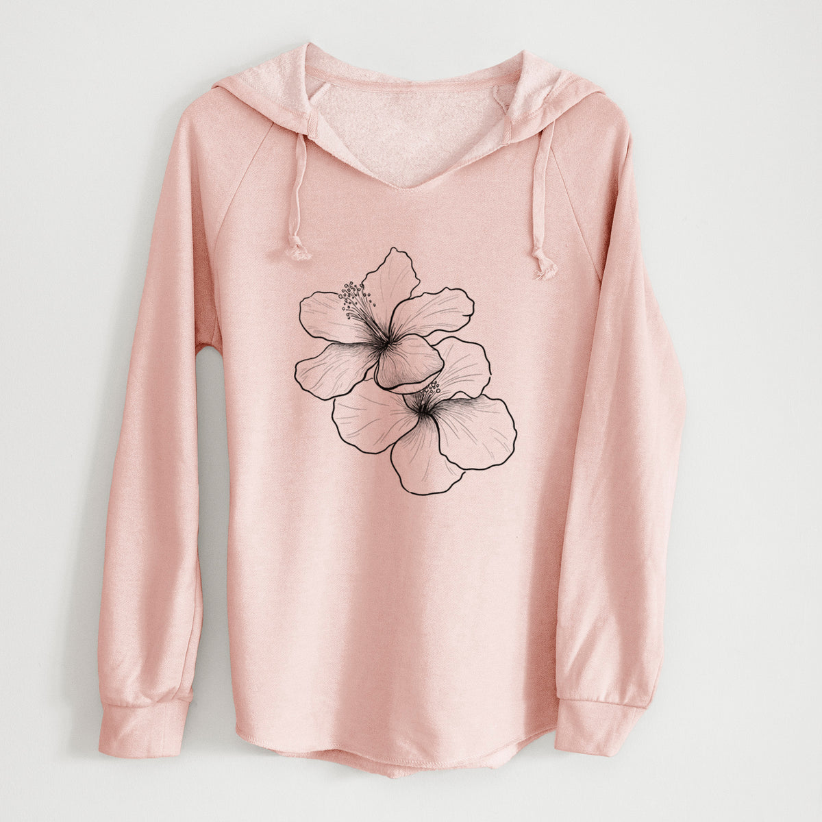 Blush pink women's Cali Wave hooded sweatshirt laid flat, printed with a black ink line drawing of three hibiscus flowers.