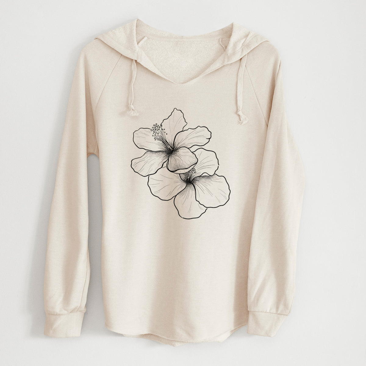 Bone cream women's Cali Wave hooded sweatshirt laid flat, printed with a black ink line drawing of three hibiscus flowers.