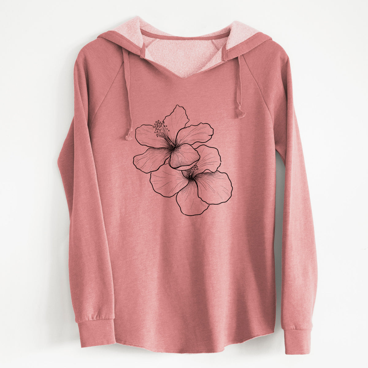 Dusty rose women's Cali Wave hooded sweatshirt laid flat, printed with a black ink line drawing of three hibiscus flowers.