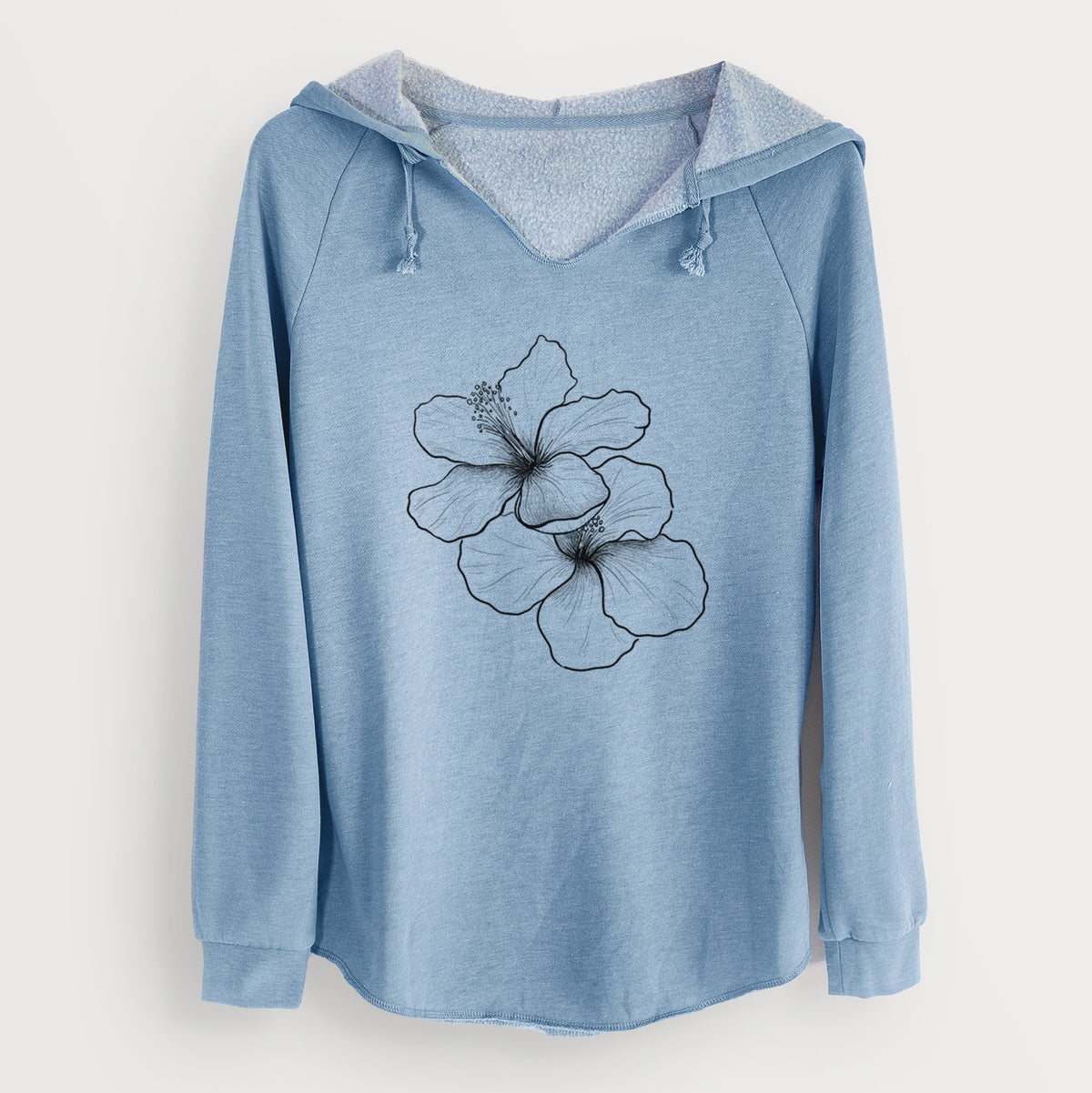 Misty blue women's Cali Wave hooded sweatshirt laid flat, printed with a black ink line drawing of three hibiscus flowers.