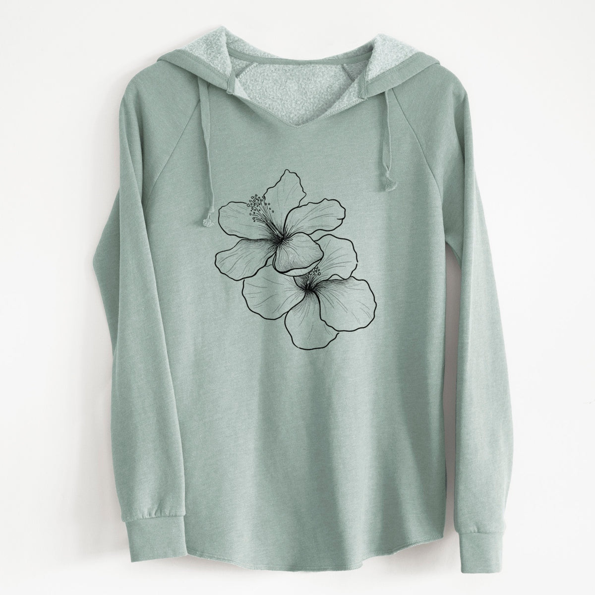 Sage green women's Cali Wave hooded sweatshirt laid flat, printed with a black ink line drawing of three hibiscus flowers.