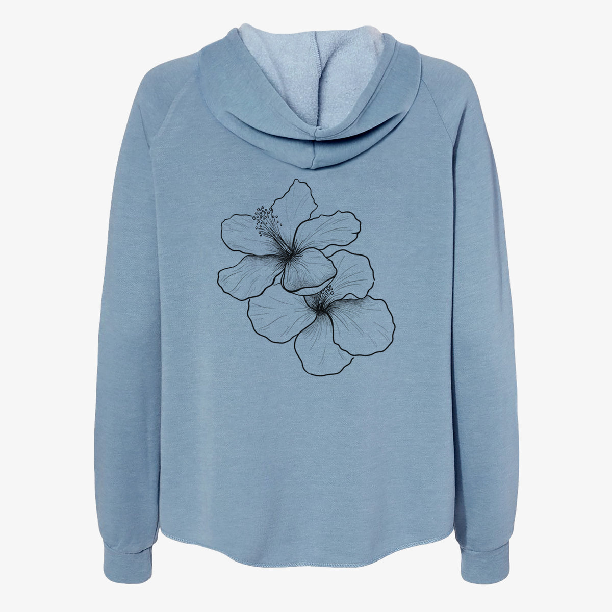 Misty blue women's Cali Wave zip-up sweatshirt laid flat, printed with a black ink line drawing of three hibiscus flowers.