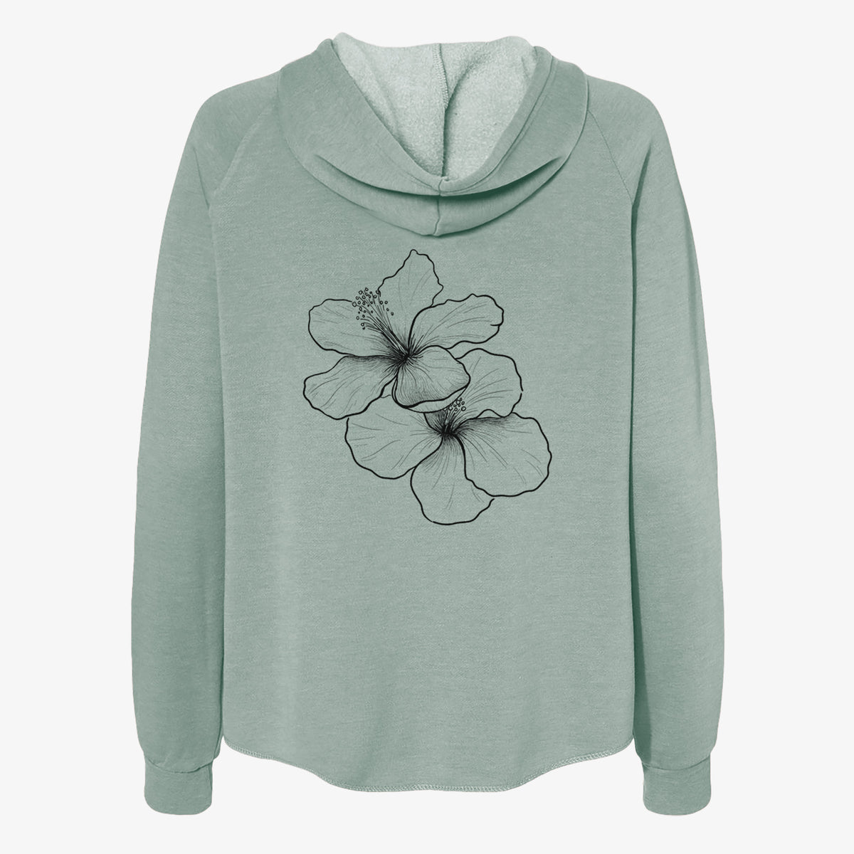 Sage green women's Cali Wave zip-up sweatshirt laid flat, printed with a black ink line drawing of three hibiscus flowers.