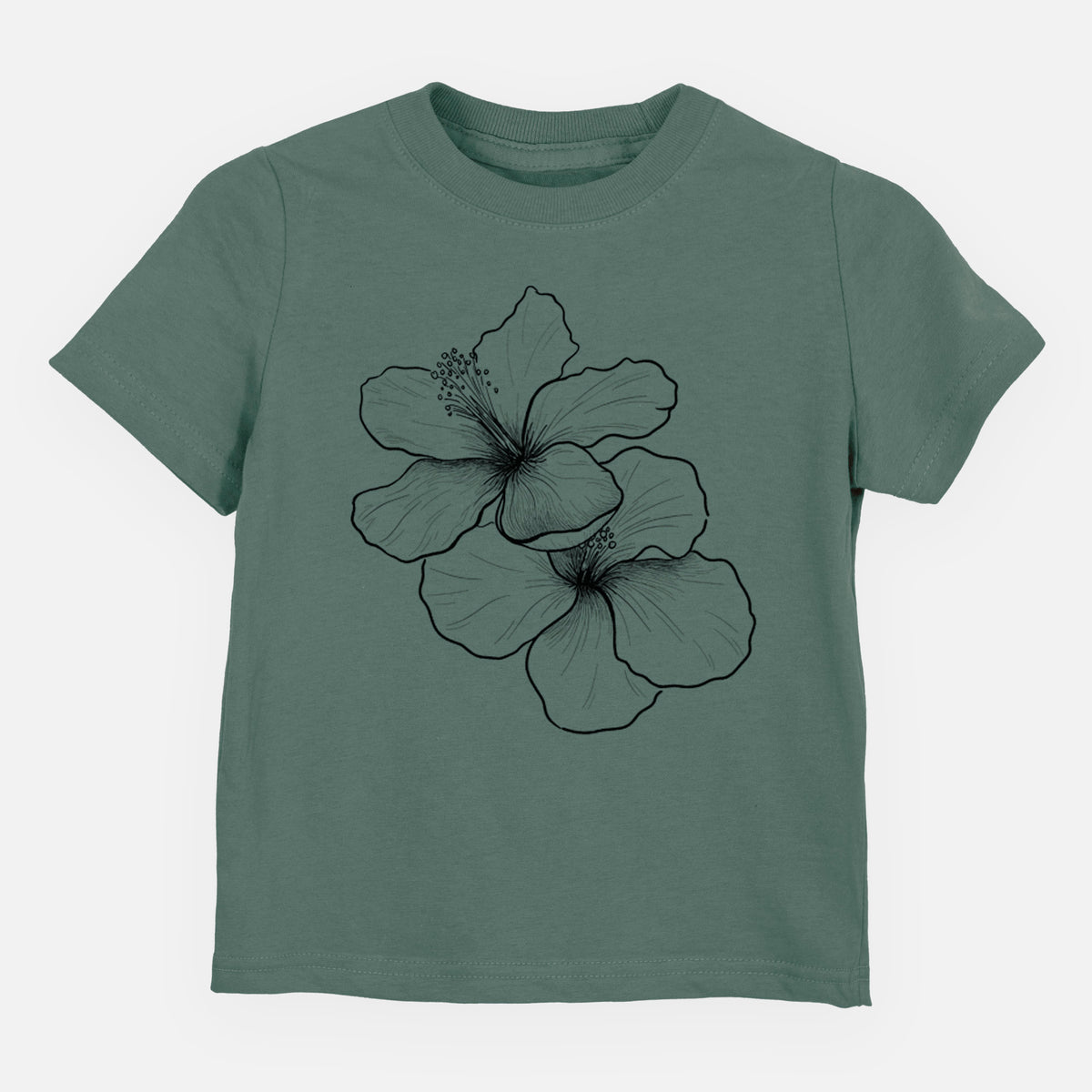 Basil green toddler t-shirt laid flat, printed with a black ink line drawing of three hibiscus flowers.