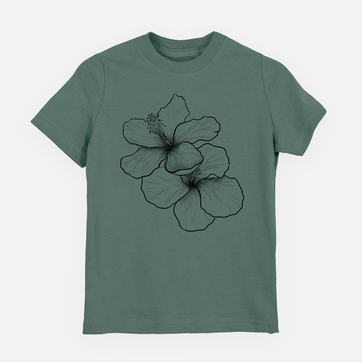 Basil green youth t-shirt laid flat, printed with a black ink line drawing of three hibiscus flowers.