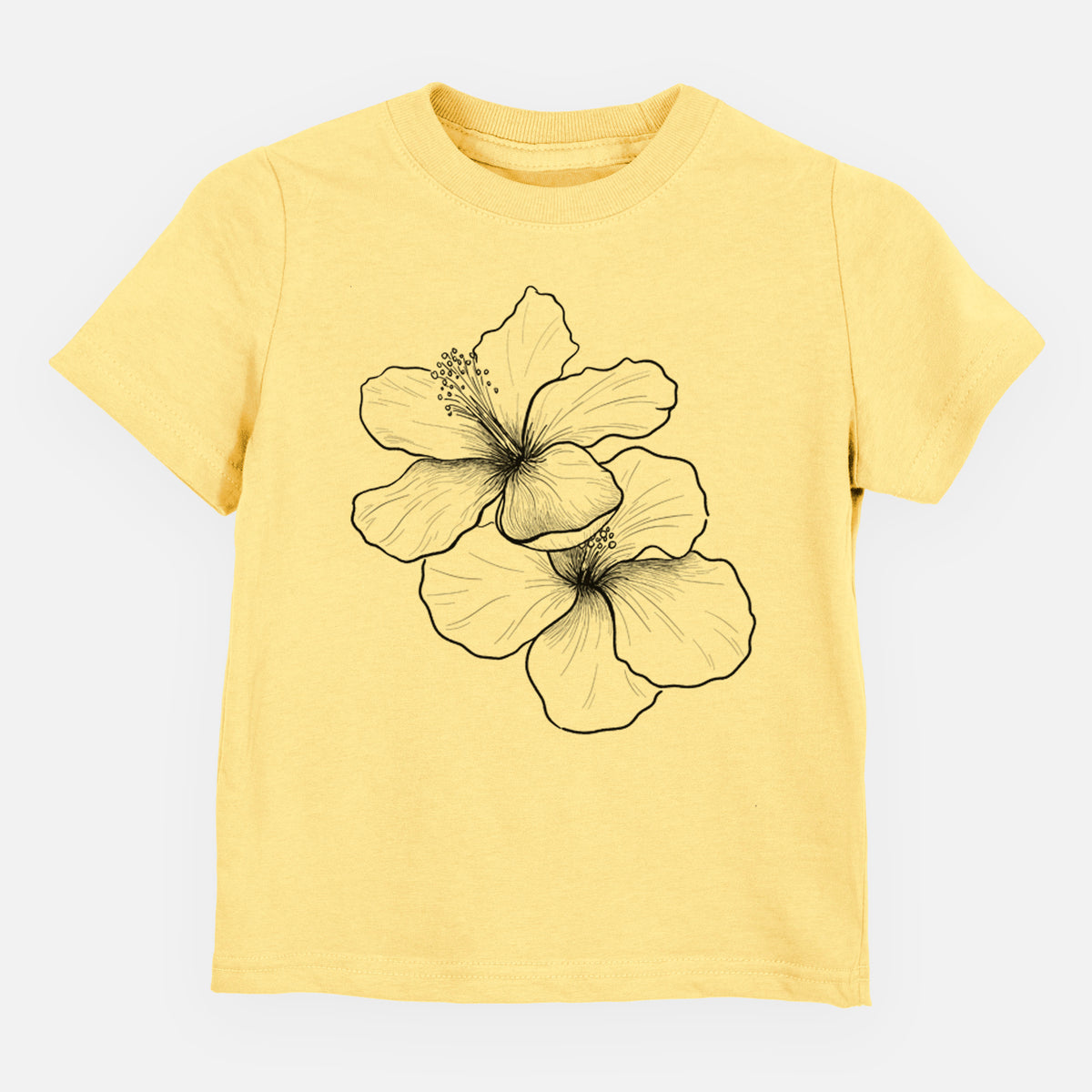 Butter yellow toddler t-shirt laid flat, printed with a black ink line drawing of three hibiscus flowers.