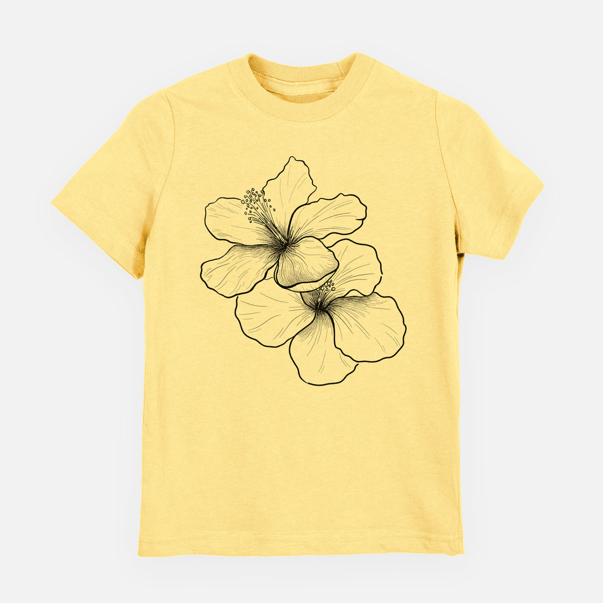 Butter yellow youth t-shirt laid flat, printed with a black ink line drawing of three hibiscus flowers.