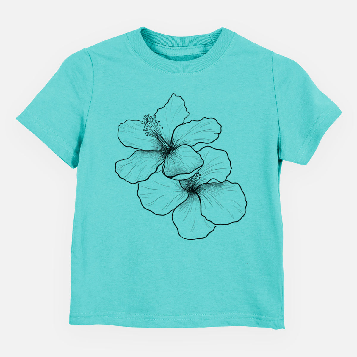 Caribbean blue toddler t-shirt laid flat, printed with a black ink line drawing of three hibiscus flowers.