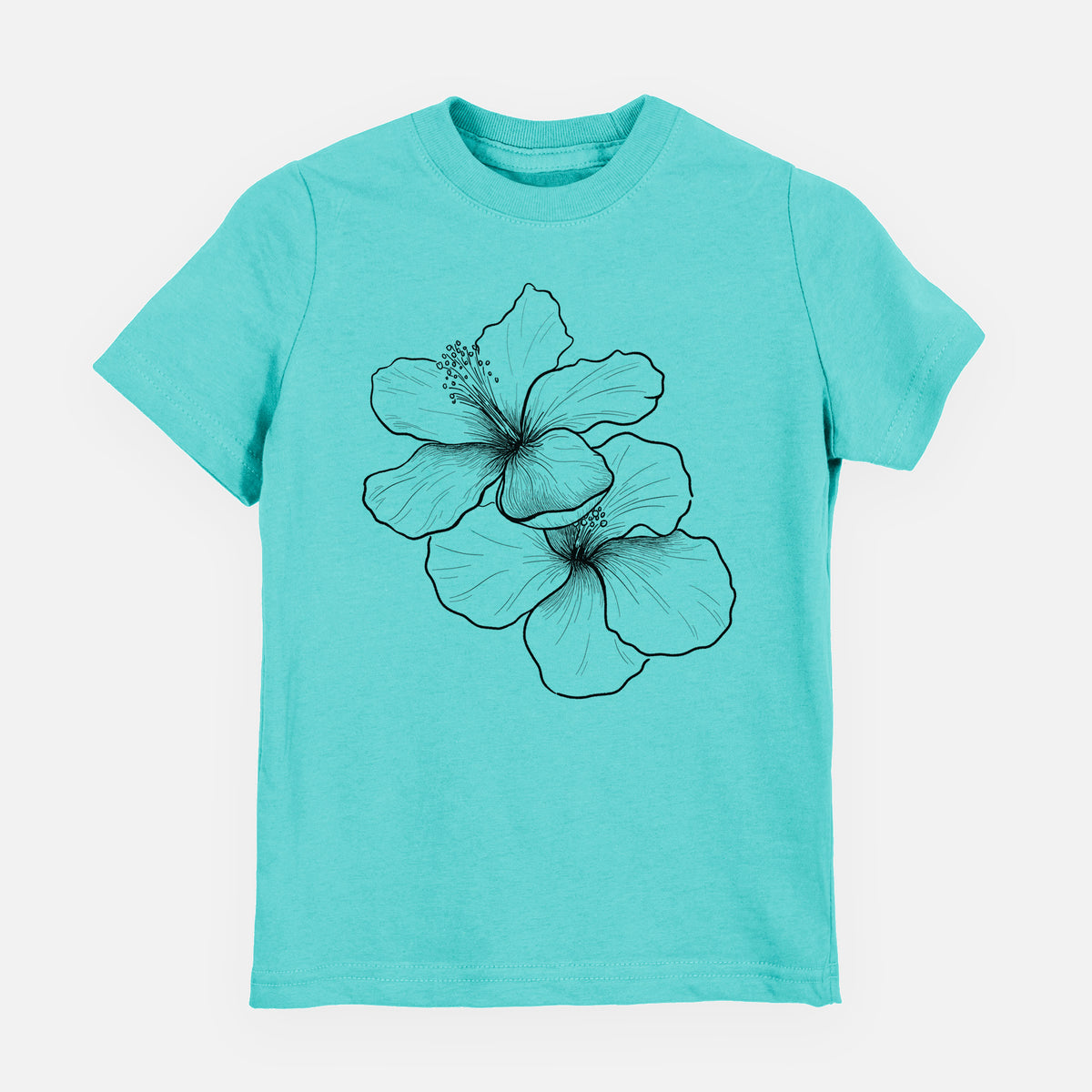 Caribbean blue youth t-shirt laid flat, printed with a black ink line drawing of three hibiscus flowers.