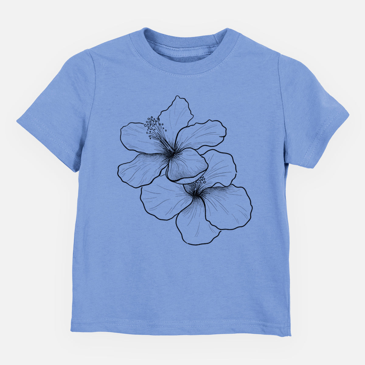 Carolina blue toddler t-shirt laid flat, printed with a black ink line drawing of three hibiscus flowers.