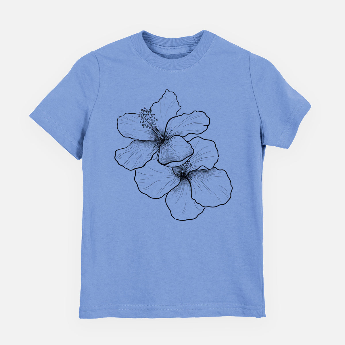 Carolina blue youth t-shirt laid flat, printed with a black ink line drawing of three hibiscus flowers.