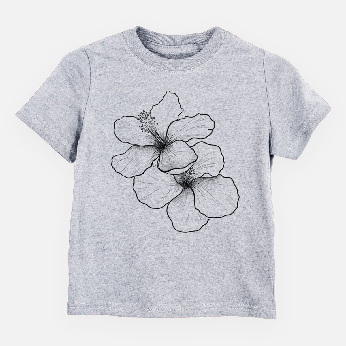 Heather grey toddler t-shirt laid flat, printed with a black ink line drawing of three hibiscus flowers.