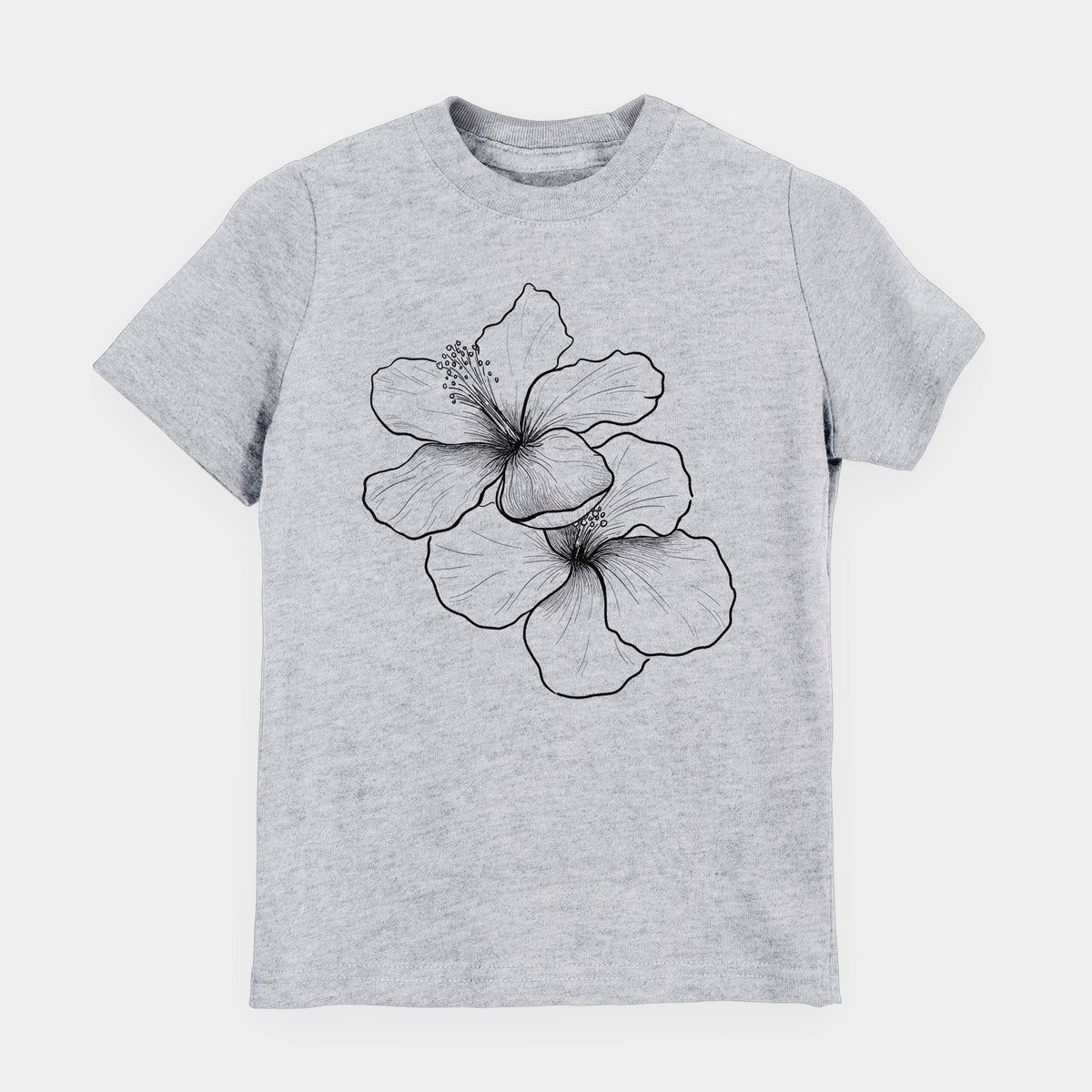Heather grey youth t-shirt laid flat, printed with a black ink line drawing of three hibiscus flowers.