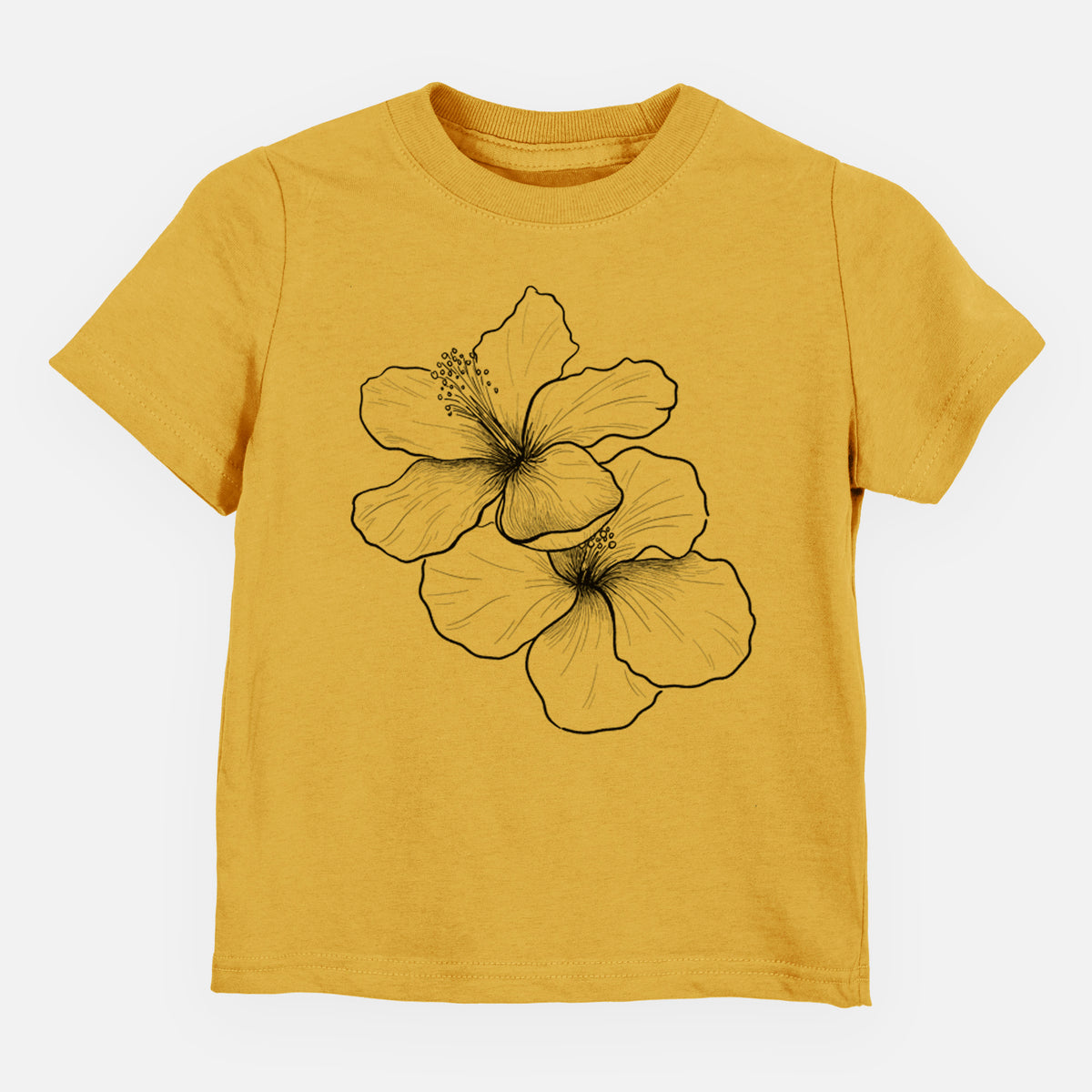 Honeycomb yellow toddler t-shirt laid flat, printed with a black ink line drawing of three hibiscus flowers.