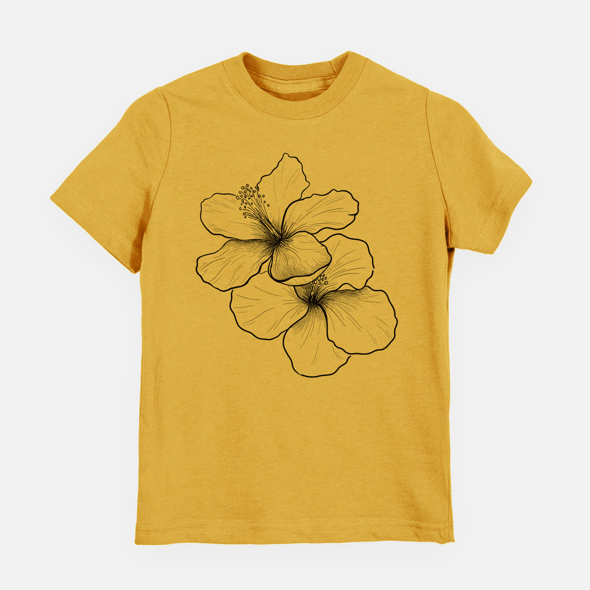 Honeycomb yellow youth t-shirt laid flat, printed with a black ink line drawing of three hibiscus flowers.