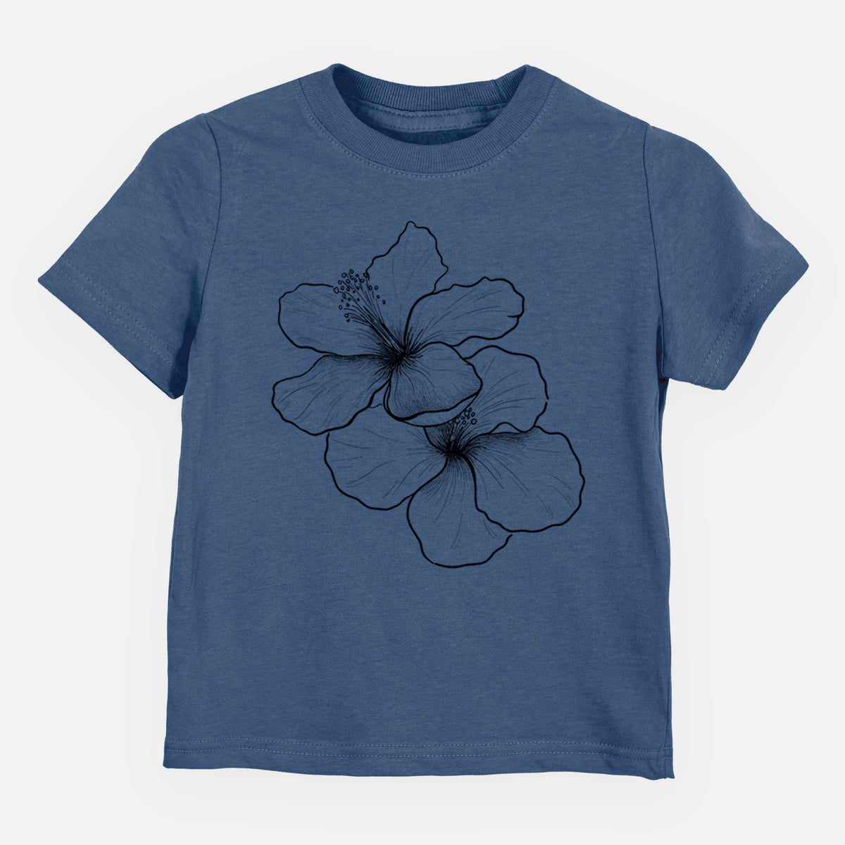 Indigo blue toddler t-shirt laid flat, printed with a black ink line drawing of three hibiscus flowers.