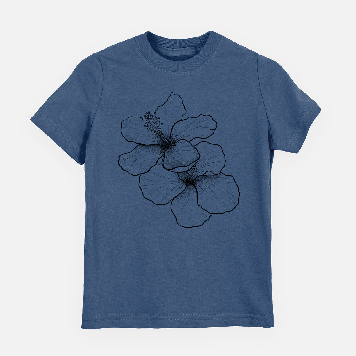 Indigo blue youth t-shirt laid flat, printed with a black ink line drawing of three hibiscus flowers.