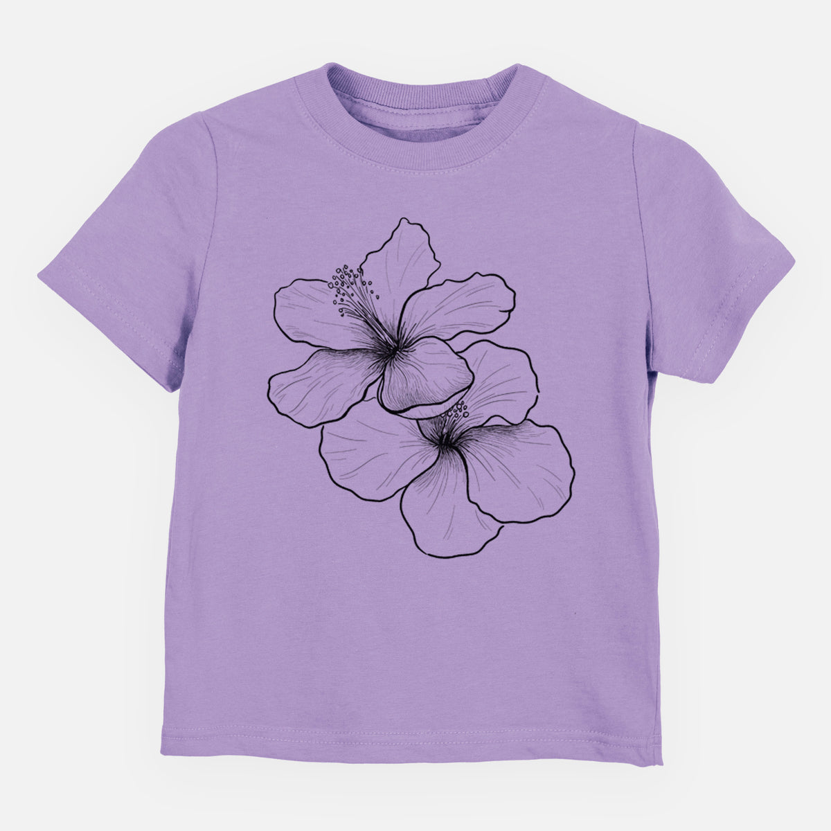 Lavender toddler t-shirt laid flat, printed with a black ink line drawing of three hibiscus flowers.