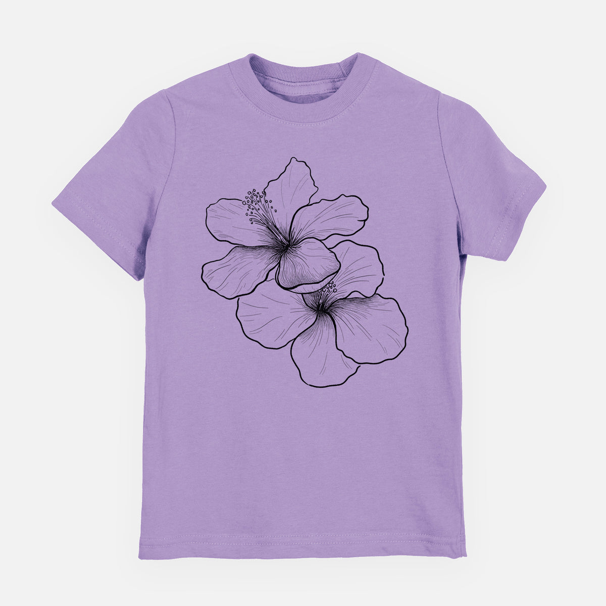 Lavender youth t-shirt laid flat, printed with a black ink line drawing of three hibiscus flowers.