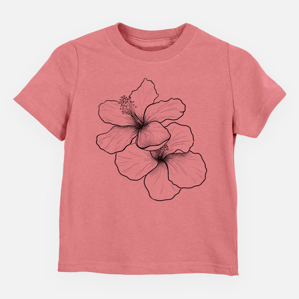 Mauve pink toddler t-shirt laid flat, printed with a black ink line drawing of three hibiscus flowers.