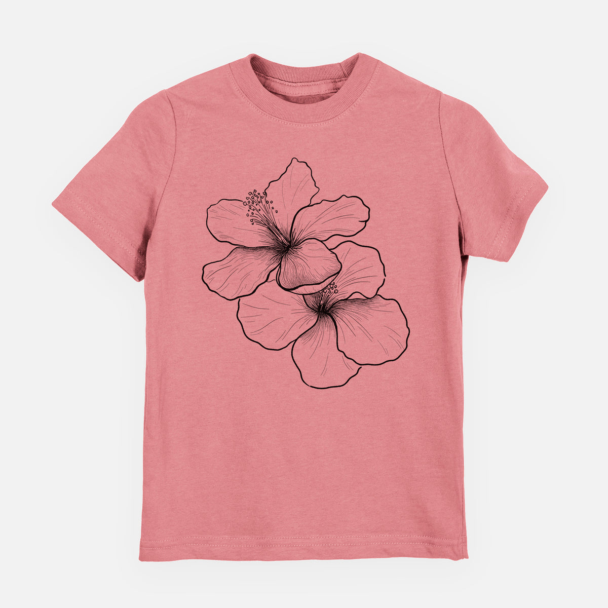 Mauve pink youth t-shirt laid flat, printed with a black ink line drawing of three hibiscus flowers.