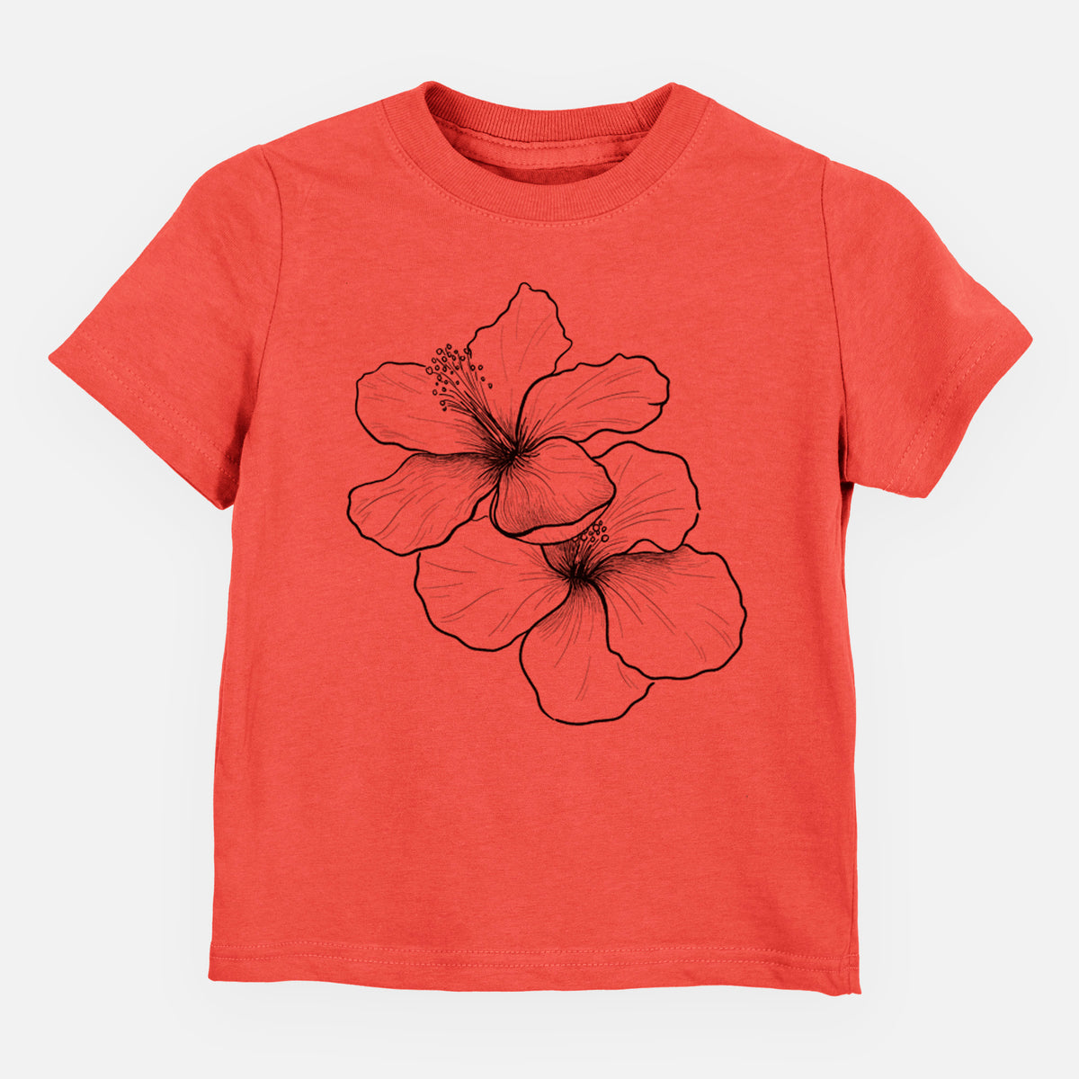 Passionfruit pink toddler t-shirt laid flat, printed with a black ink line drawing of three hibiscus flowers.