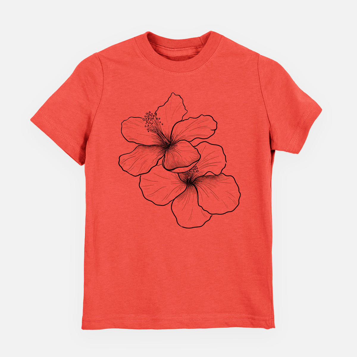 Passionfruit pink youth t-shirt laid flat, printed with a black ink line drawing of three hibiscus flowers.