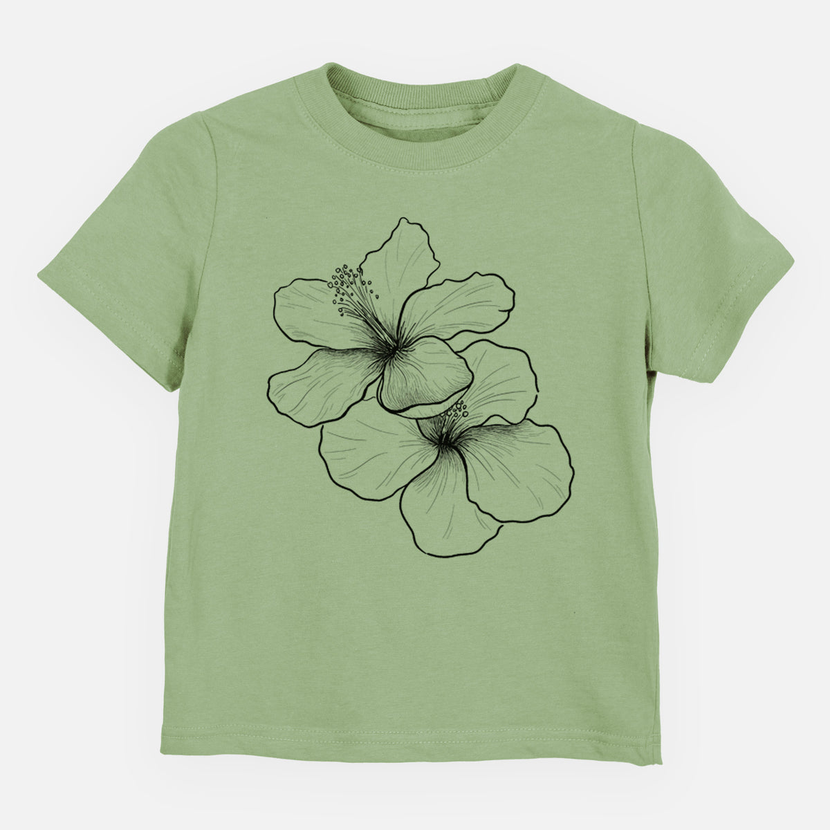 Sage green toddler t-shirt laid flat, printed with a black ink line drawing of three hibiscus flowers.