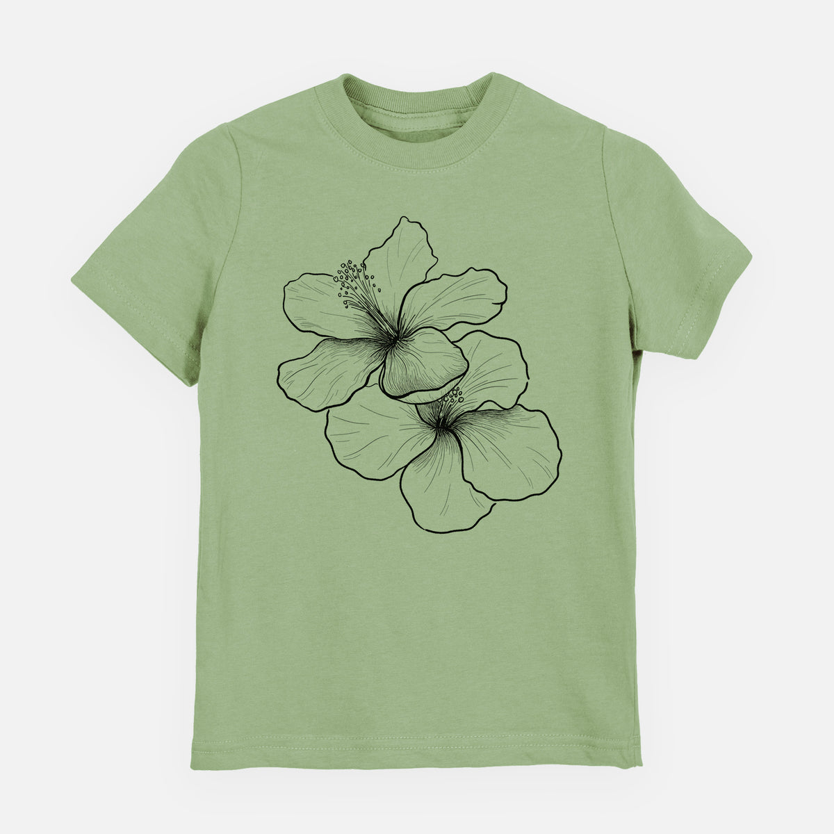 Sage green youth t-shirt laid flat, printed with a black ink line drawing of three hibiscus flowers.