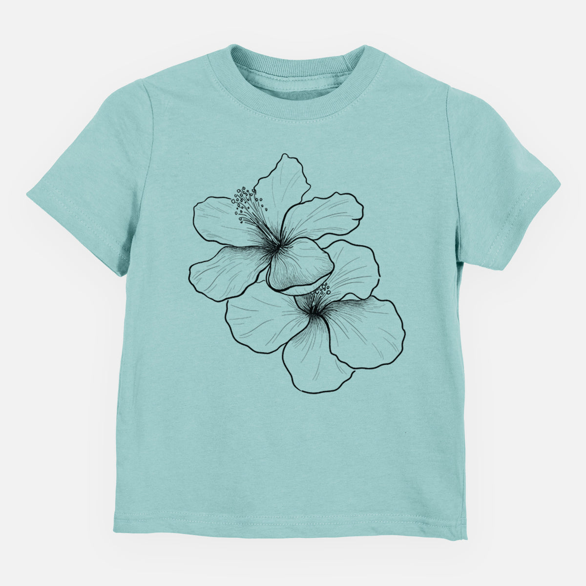 Saltwater toddler t-shirt laid flat, printed with a black ink line drawing of three hibiscus flowers.