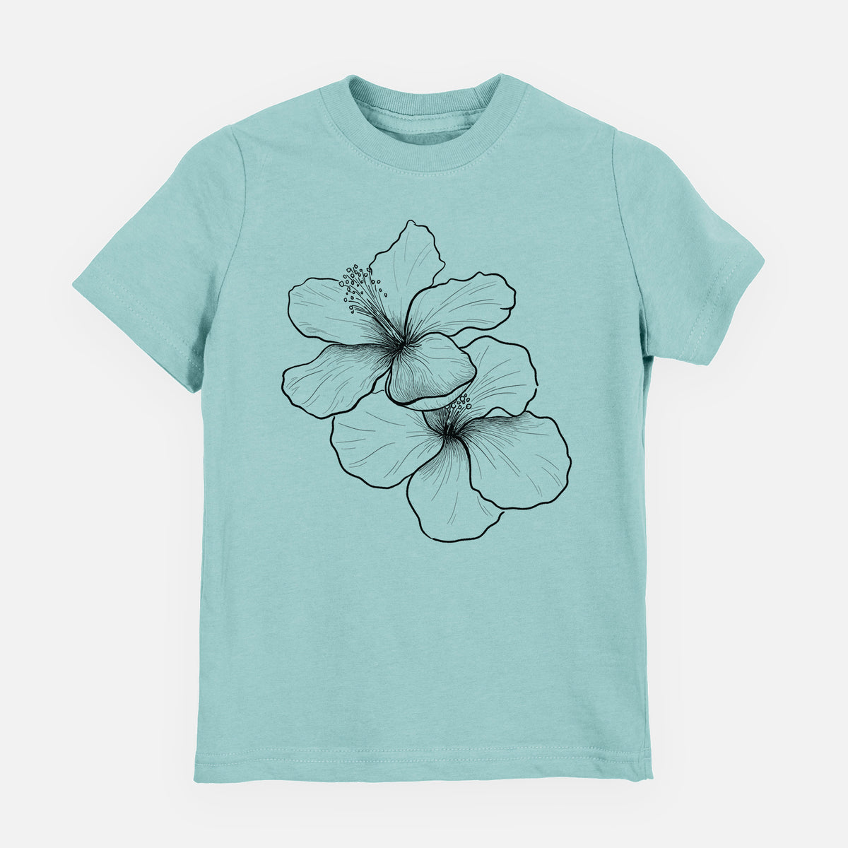 Saltwater youth t-shirt laid flat, printed with a black ink line drawing of three hibiscus flowers.