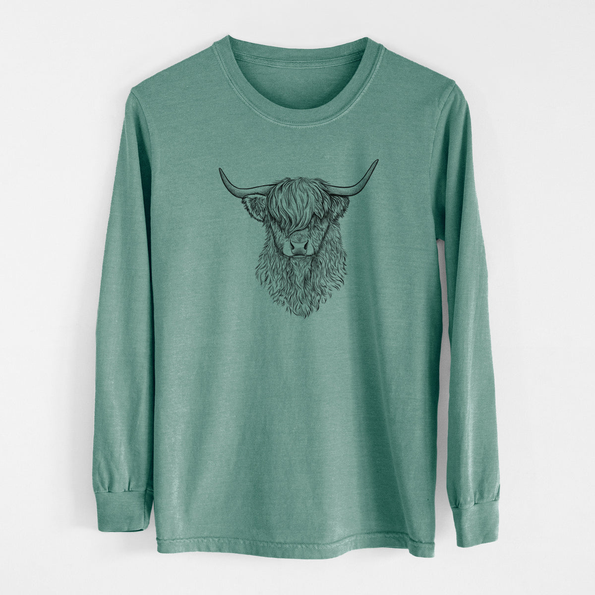 Pine green Comfort Colors long sleeve shirt laid flat, printed with a detailed black ink portrait of a shaggy highland cow with long curved horns.