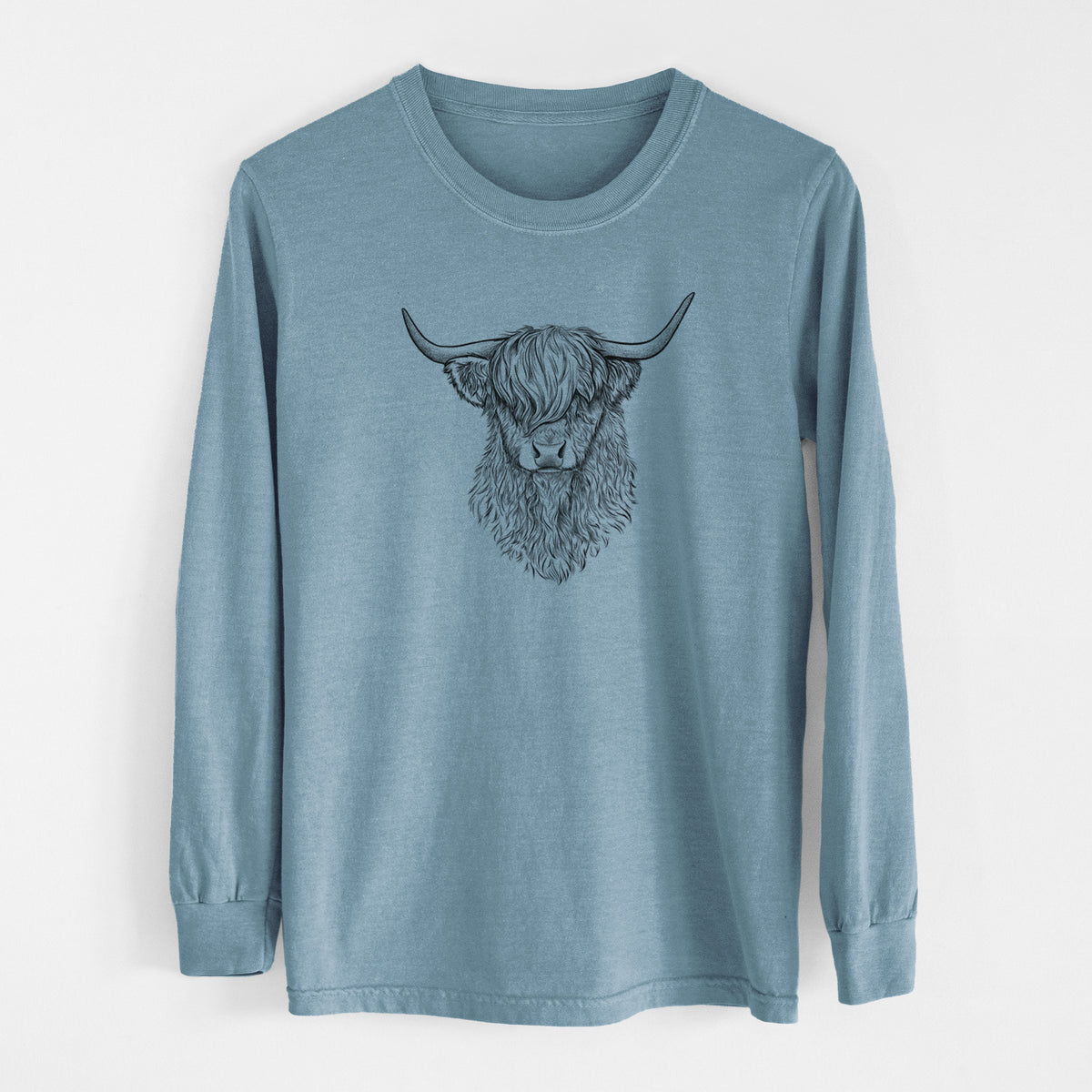 Steel blue Comfort Colors long sleeve shirt laid flat, printed with a detailed black ink portrait of a shaggy highland cow with long curved horns.