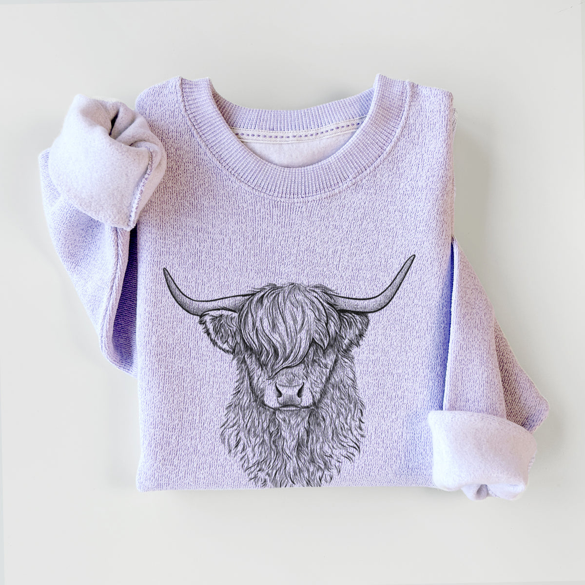 Ice purple knit sweatshirt printed with a detailed black ink portrait of a shaggy highland cow with long curved horns, styled flat.